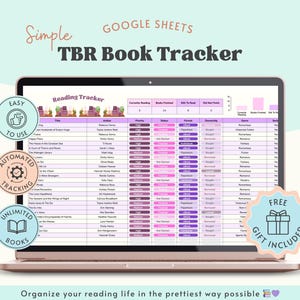 Puede incluir: Una pantalla de portátil muestra una hoja de cálculo "TBR Book Tracker" en Google Sheets. La hoja de cálculo está organizada con columnas para títulos de libros, autores y estado de lectura. La imagen incluye el texto "Fácil de usar", "Seguimiento automatizado" y "Libros ilimitados".