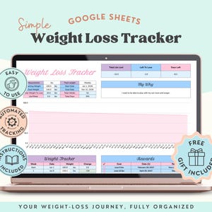May include: A laptop screen shows a "Weight Loss Tracker" spreadsheet. The display includes data tables and a graph. The words "Simple Weight Loss Tracker" are at the top. Circular graphics with text like "Easy to Use" and "Automated Tracking" are on the left. A gift icon is on the right.