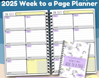 May include: Lilac and Lemon 2025 Week to a Page Planner with a floral design. The planner is designed to print double-sided and includes 4 free inserts. The planner is available for instant download as a PDF file.