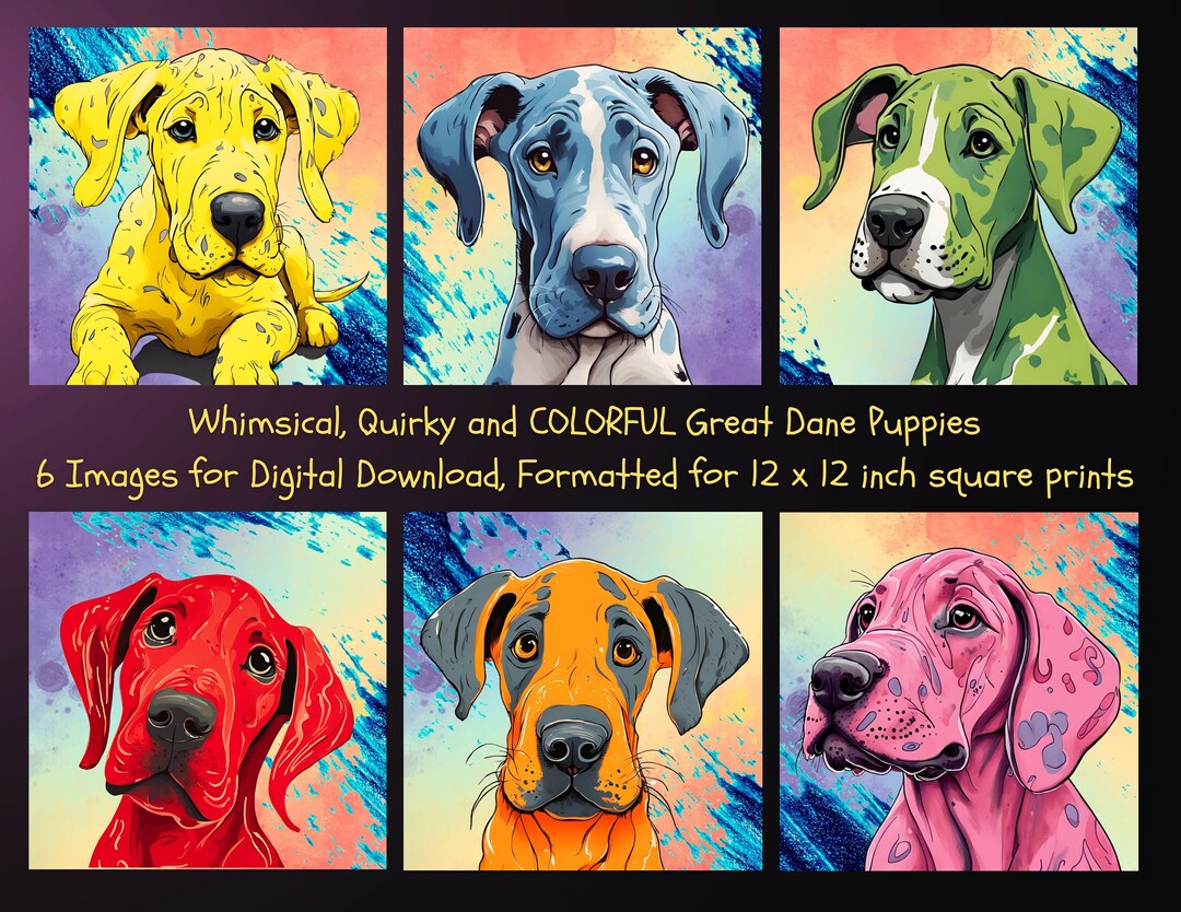 Colorful Whimsical Printable Dog Art, Great Dane Puppy, Puppies, Dog ...