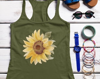 Sunflower Racerback Tank Top: Women's Floral Print Yoga Shirt