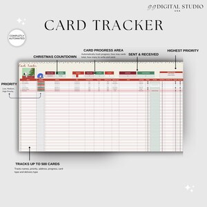 May include: A digital card tracker spreadsheet with the title "CARD TRACKER" in large, bold font. The spreadsheet includes sections for Christmas countdown, card progress, and priority levels. It tracks up to 500 cards, with fields for names, addresses, and progress.