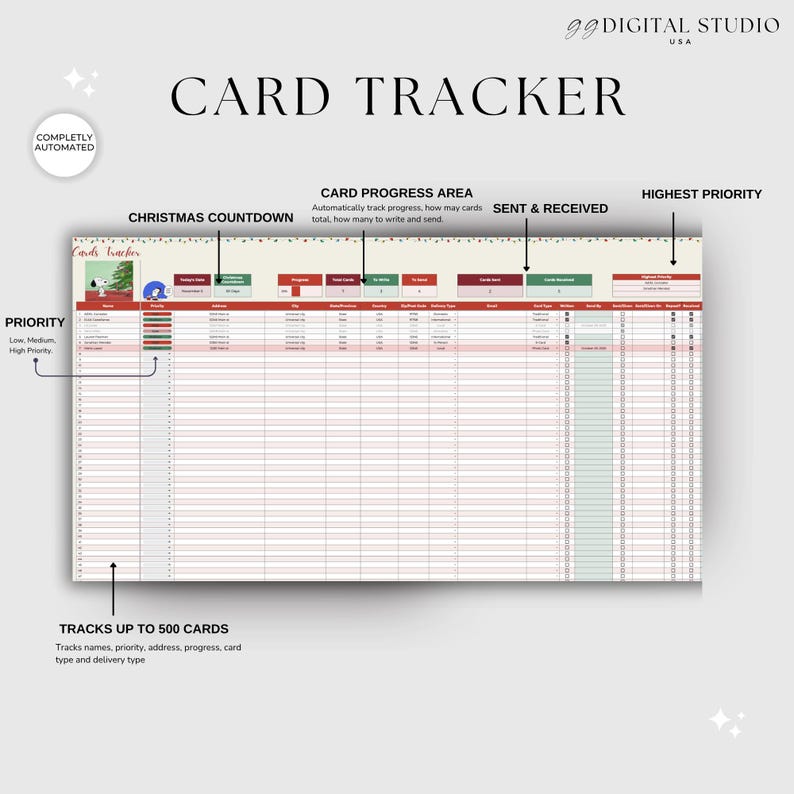 May include: A digital card tracker spreadsheet with the title "CARD TRACKER" in large, bold font. The spreadsheet includes sections for Christmas countdown, card progress, and priority levels. It tracks up to 500 cards, with fields for names, addresses, and progress.