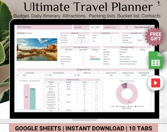 Ultimate Travel Planner, Google spreadsheet, Travel Organizer, Expense tracker, Travel Itinerary, Budget spreadsheet, Trip Planner