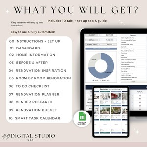 May include: Digital renovation planner displayed on a tablet and a laptop. The screens show budget tracking, home information, and renovation inspiration. The text includes "What You Will Get?" and "Easy to use & fully automated!"
