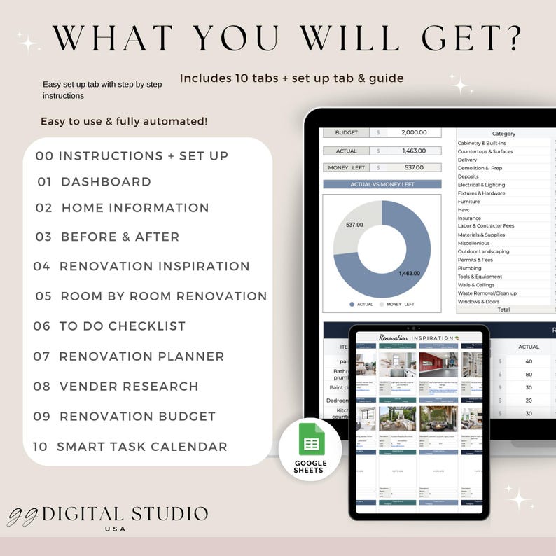 May include: Digital renovation planner displayed on a tablet and a laptop. The screens show budget tracking, home information, and renovation inspiration. The text includes "What You Will Get?" and "Easy to use & fully automated!"