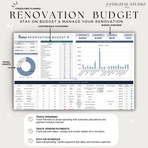 May include: A digital renovation budget planner with the text "Renovation Budget" and "Stay on Budget & Manage Your Renovation." The planner includes visual charts, expense breakdowns, and a renovation expense tracker. It also tracks spending and vendor payments.