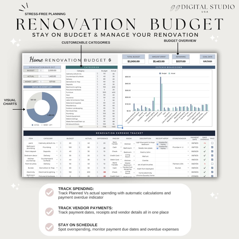 May include: A digital renovation budget planner with the text "Renovation Budget" and "Stay on Budget & Manage Your Renovation." The planner includes visual charts, expense breakdowns, and a renovation expense tracker. It also tracks spending and vendor payments.