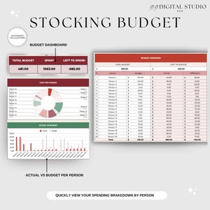 May include: A digital financial planning document titled "STOCKING BUDGET" with charts and tables. The dashboard shows total budget, spent, and left to spend. Includes a budget overview and cost per person analysis.