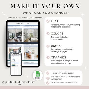 May include: Digital design template with the text "MAKE IT YOUR OWN". The image shows a tablet and phone displaying a before and after interior design layout. Features include text, colors, pages, and graphics that can be changed.