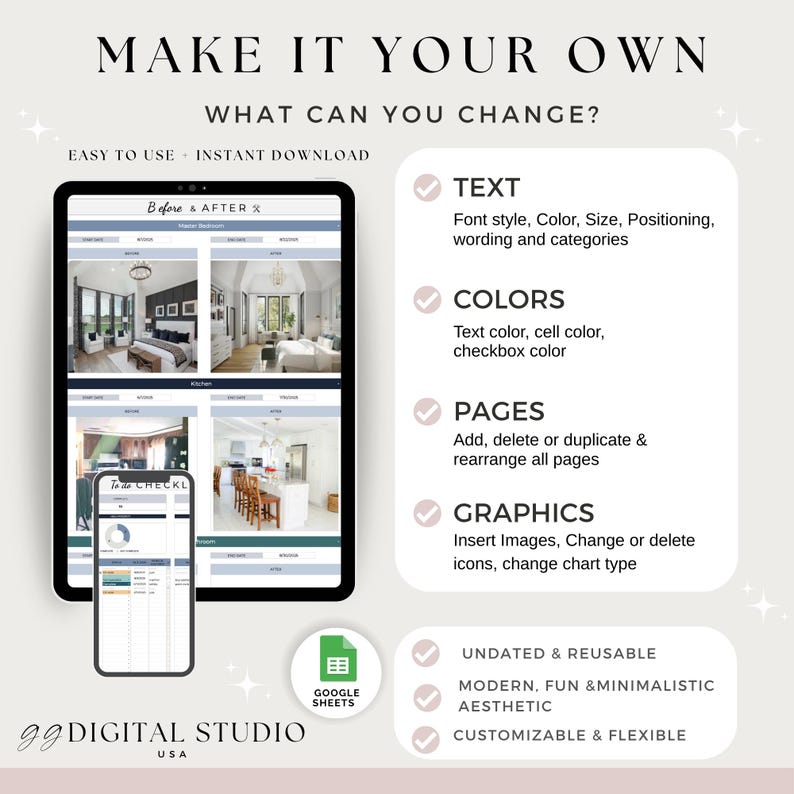 May include: Digital design template with the text "MAKE IT YOUR OWN". The image shows a tablet and phone displaying a before and after interior design layout. Features include text, colors, pages, and graphics that can be changed.
