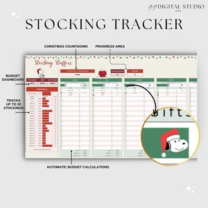May include: A digital Christmas stocking tracker with a festive design. The spreadsheet includes sections for budget, progress, and tracking up to 20 stockings. Features a Snoopy graphic wearing a Santa hat. Text includes "Stocking Tracker" and "Christmas Countdown."