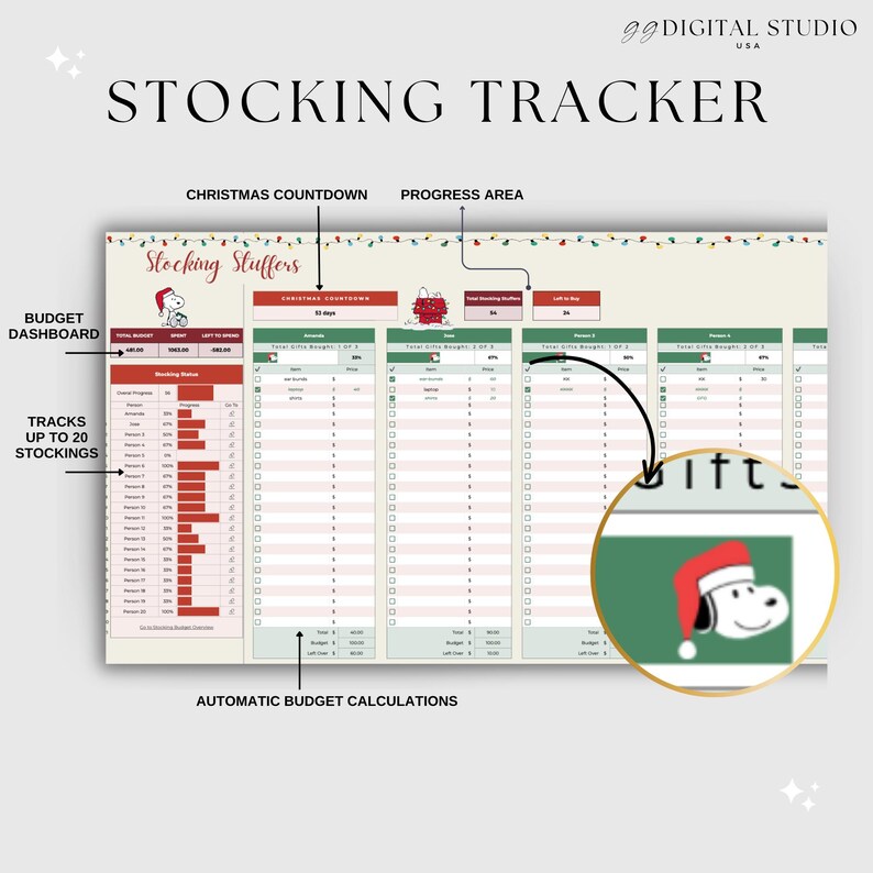 May include: A digital Christmas stocking tracker with a festive design. The spreadsheet includes sections for budget, progress, and tracking up to 20 stockings. Features a Snoopy graphic wearing a Santa hat. Text includes "Stocking Tracker" and "Christmas Countdown."