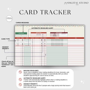 May include: A digital card tracker with the text "CARD TRACKER" at the top. The tracker includes sections for card type, highest priority, and mailing deadlines. The design is automated and includes instructions for use.