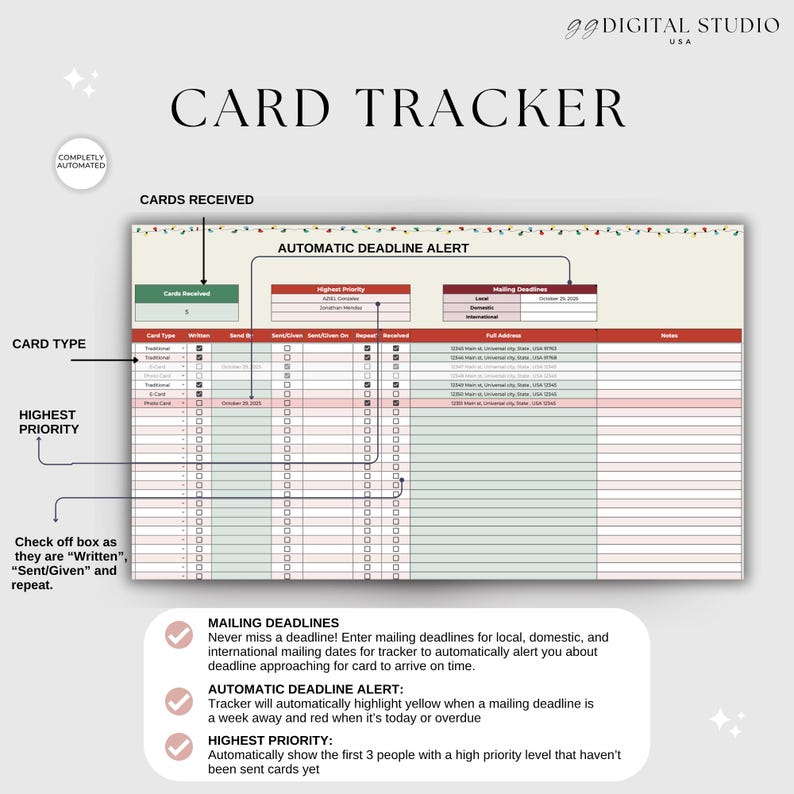 May include: A digital card tracker with the text "CARD TRACKER" at the top. The tracker includes sections for card type, highest priority, and mailing deadlines. The design is automated and includes instructions for use.