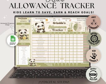 Puede incluir: Un portátil muestra un "Kids Allowance Tracker" digital con ilustraciones de pandas. El rastreador, diseñado para Google Sheets, ayuda a los niños a aprender a ahorrar y ganar. La pantalla muestra una cuadrícula para rastrear la asignación, con opciones de moneda y recompensas.