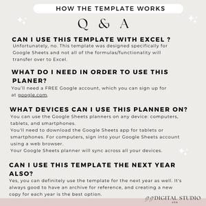 Może przedstawiać: Beżowy szablon planera cyfrowego z tytułem "HOW THE TEMPLATE WORKS" oraz pytaniami i odpowiedziami dotyczącymi szablonu. Pytania obejmują: "Czy mogę używać tego szablonu z Excelem?" i "Na jakich urządzeniach mogę używać tego planera?"