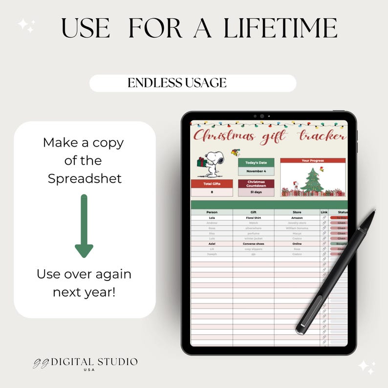 May include: A digital Christmas gift tracker displayed on a tablet with a stylus. The screen shows a spreadsheet with sections for gifts, stores, and status. Text includes "Use for a lifetime" and "Endless usage."