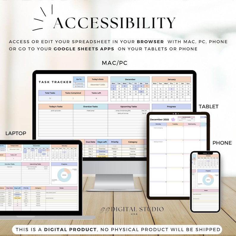 May include: A digital task tracker spreadsheet displayed on a laptop, desktop computer, tablet, and phone. The spreadsheet includes a calendar, task lists, and progress charts. The image includes the text "ACCESSIBILITY" and "THIS IS A DIGITAL PRODUCT. NO PHYSICAL PRODUCT WILL BE SHIPPED."