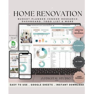 Home Renovation Planner, Home Renovation Budget Tracker, Home Improvement Planner, Project Budget Template, Home Remodel Planner Budget