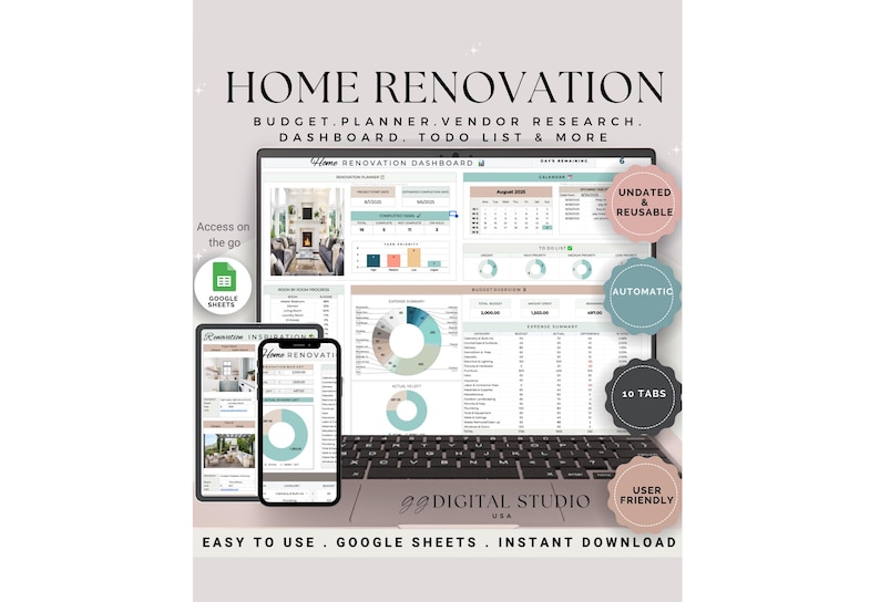 Woningrenovatieplanner, Budgettracker voor woningrenovatie, Woningverbeteringplanner, Projectbudgetsjabloon, Budgetplanner, Woningrenovatieplanner afbeelding 1