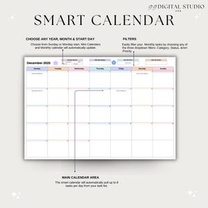 May include: A digital smart calendar with the text "SMART CALENDAR" at the top. The calendar shows the month of December 2025, with options to choose any year, month, and start day. It includes filters for category, status, and priority.