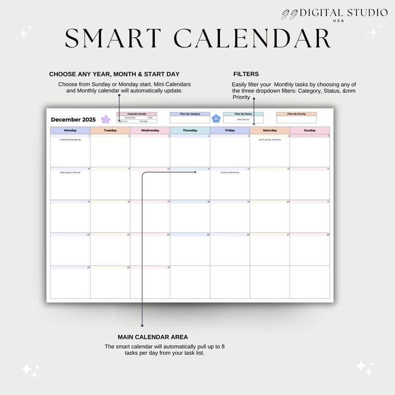 May include: A digital smart calendar with the text "SMART CALENDAR" at the top. The calendar shows the month of December 2025, with options to choose any year, month, and start day. It includes filters for category, status, and priority.