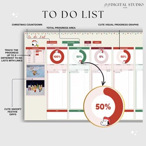 May include: A digital to-do list template with a Christmas theme. The design includes progress graphs, Snoopy illustrations, and the text "To Do List." It allows tracking progress on up to 8 lists. The template is designed with a festive aesthetic.