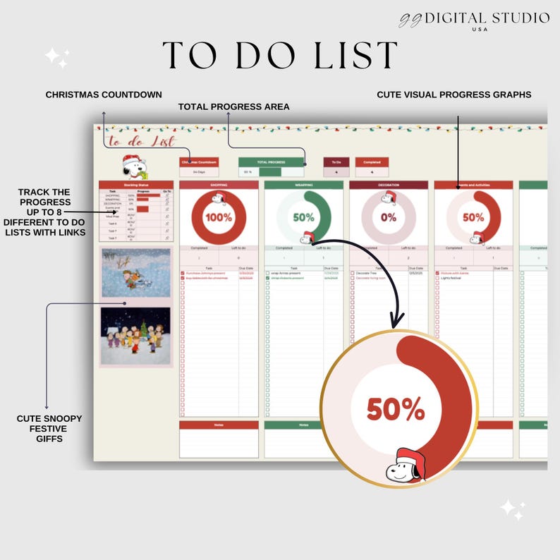 May include: A digital to-do list template with a Christmas theme. The design includes progress graphs, Snoopy illustrations, and the text "To Do List." It allows tracking progress on up to 8 lists. The template is designed with a festive aesthetic.