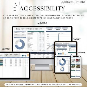 May include: Image showcasing a digital product with the word "ACCESSIBILITY" at the top. The image displays a spreadsheet on a laptop, desktop computer, tablet, and phone. The text states the product is accessible on various devices.