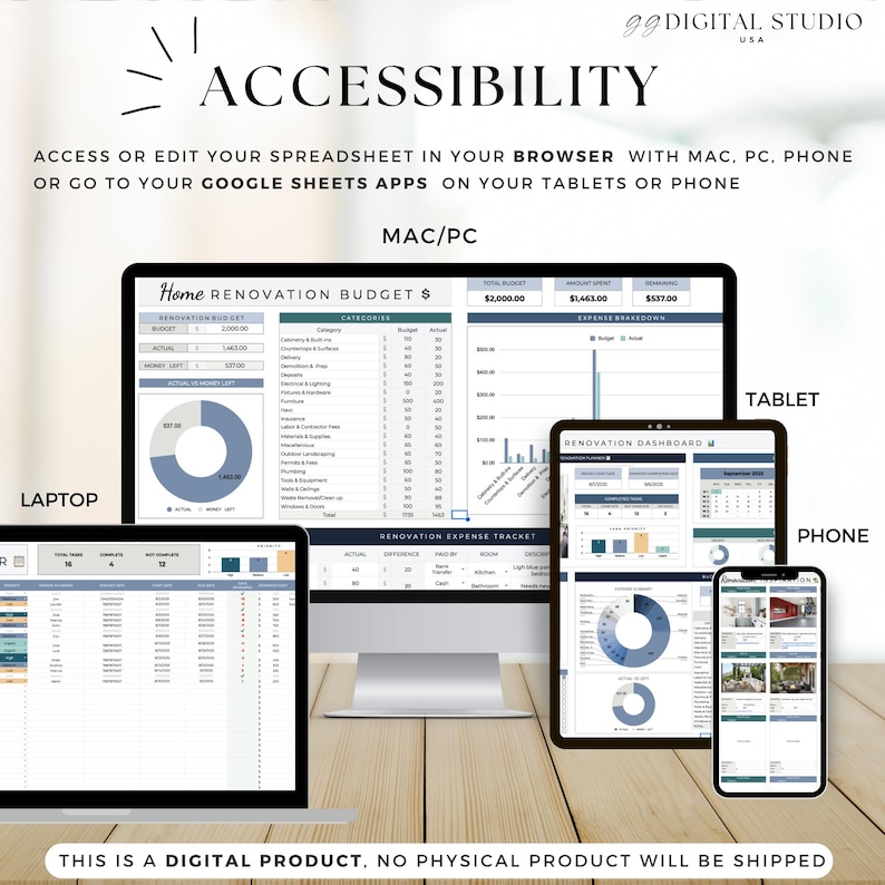May include: Image showcasing a digital product with the word "ACCESSIBILITY" at the top. The image displays a spreadsheet on a laptop, desktop computer, tablet, and phone. The text states the product is accessible on various devices.
