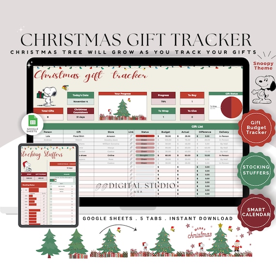 Christmas gift tracker Christmas gift spreadsheet Stocking stuffer Christmas Card Tracker Holiday Gift Planner Christmas Budget tracker