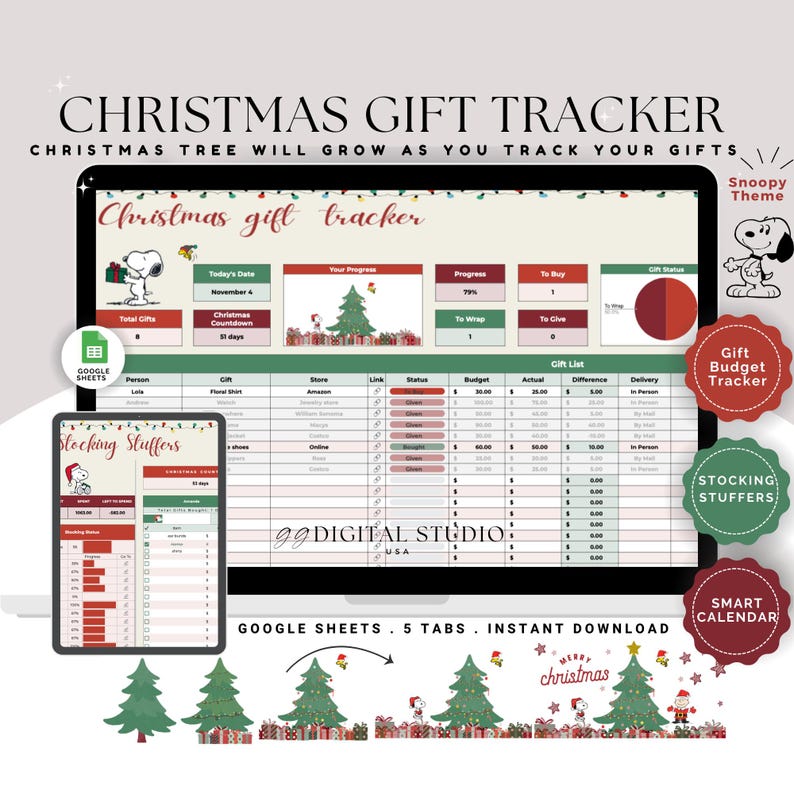 Christmas gift tracker Christmas gift spreadsheet Stocking stuffer Christmas Card Tracker Holiday Gift Planner Christmas Budget tracker image 1