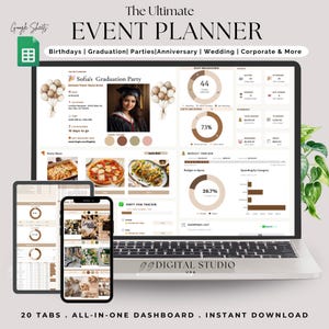 May include: A digital event planner template for Google Sheets displayed on a laptop, tablet, and smartphone. The interface features sections for party details, RSVP breakdowns, budget tracking, and task lists with a neutral colour palette.