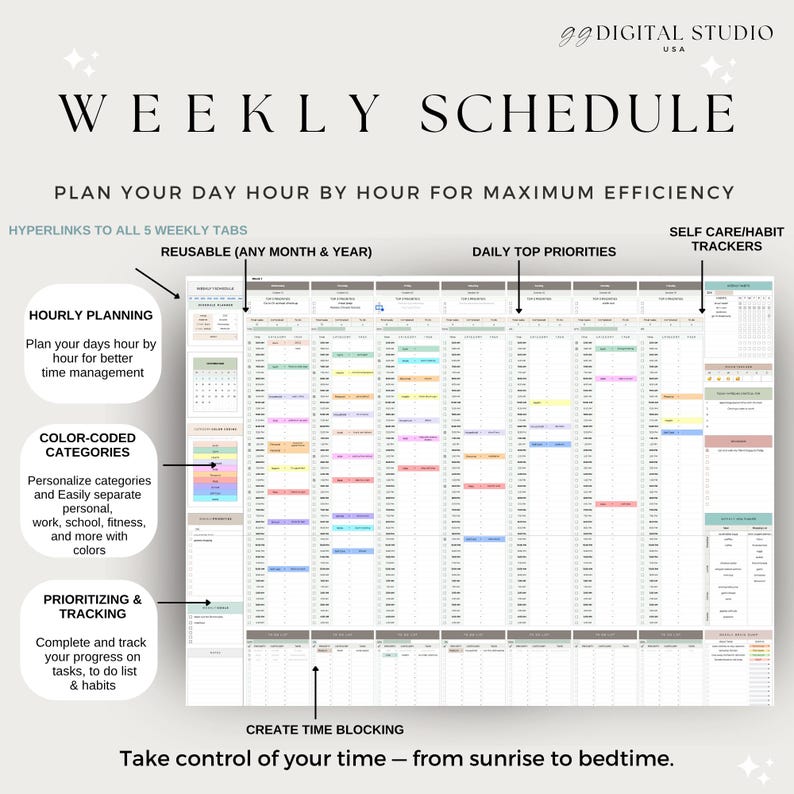 Google Sheets Weekly Planner, Edible Planner Spreadsheet, Weekly Hourly ...