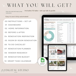 Op de afbeelding: Een digitale budgetplanner voor huisrenovatie weergegeven op een tablet en telefoon. De planner bevat tabbladen voor instructies, dashboard, home-informatie, voor & na, en meer. De tekst "What You Will Get?" staat bovenaan.