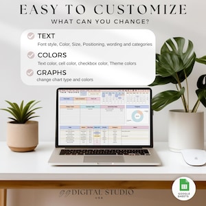 May include: A laptop displaying a task tracker spreadsheet is on a white desk. The text "EASY TO CUSTOMIZE" and "WHAT CAN YOU CHANGE?" are at the top. The image also shows a small potted plant, a mouse, and the Google Sheets logo.