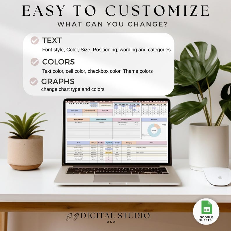 May include: A laptop displaying a task tracker spreadsheet is on a white desk. The text "EASY TO CUSTOMIZE" and "WHAT CAN YOU CHANGE?" are at the top. The image also shows a small potted plant, a mouse, and the Google Sheets logo.
