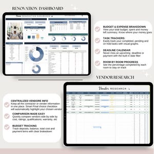 May include: Two black tablets displaying a renovation dashboard and vendor research. The dashboard shows budget breakdowns, task trackers, and room progress. The vendor research includes contact information and project details. Text includes "Renovation Dashboard".