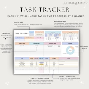 May include: A digital task tracker with a clean, organized layout. The design includes sections for total tasks, tasks completed, and tasks left. It features mini calendars, a progress graph, and sections for today's tasks, overdue tasks, and upcoming tasks. The text "TASK TRACKER" is at the top.