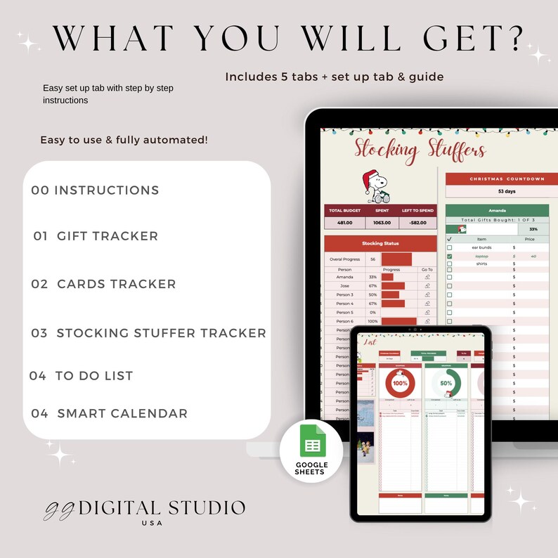 May include: Digital Christmas planner with the text "WHAT YOU WILL GET?" and "Stocking Stuffers". Includes a gift tracker, card tracker, and to-do list. Features a Google Sheets logo and the "gg DIGITAL STUDIO USA" logo.