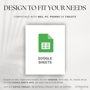 May include: A digital product advertisement featuring the Google Sheets logo on a white background. The green logo is a document with a grid inside. Text at the top reads "DESIGN TO FIT YOUR NEEDS". The text "GOOGLE SHEETS" is below the logo.