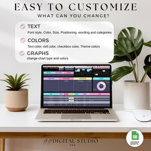 Może przedstawiać: Laptop z kolorowym arkuszem śledzenia zadań stoi na białym biurku. Obraz zawiera tekst &bdquo;EASY TO CUSTOMIZE&rdquo; oraz szczeg&oacute;ły dotyczące opcji dostosowywania tekstu, kolor&oacute;w i wykres&oacute;w. Widoczna jest r&oacute;wnież mała roślina doniczkowa i mysz.