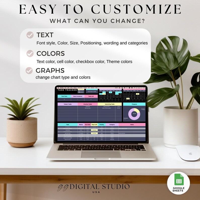 Może przedstawiać: Laptop z kolorowym arkuszem śledzenia zadań stoi na białym biurku. Obraz zawiera tekst &bdquo;EASY TO CUSTOMIZE&rdquo; oraz szczeg&oacute;ły dotyczące opcji dostosowywania tekstu, kolor&oacute;w i wykres&oacute;w. Widoczna jest r&oacute;wnież mała roślina doniczkowa i mysz.