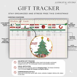 May include: A digital gift tracker with a Christmas theme. The design includes a Christmas tree and Snoopy, with sections for gift tracking, finance, and progress. The text reads "Gift Tracker" and "Stay Organized and Stress Free This Christmas!"