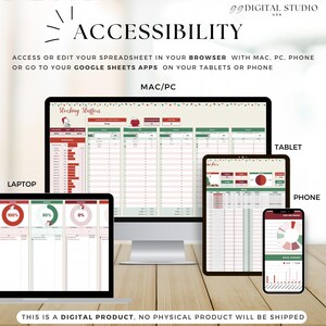 May include: Image showing a digital spreadsheet on a laptop, desktop, tablet, and phone. The spreadsheet is labeled "Stocking Stuffers" and includes charts and data. Text on the image reads "Accessibility" and "This is a digital product. No physical product will be shipped."