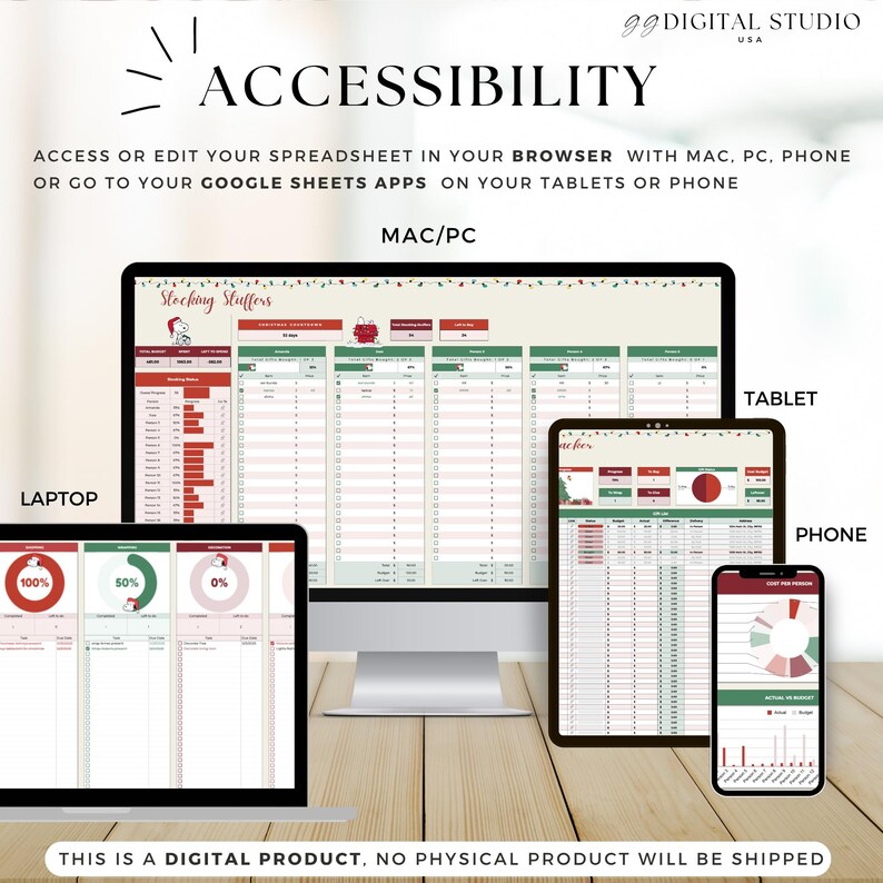 May include: Image showing a digital spreadsheet on a laptop, desktop, tablet, and phone. The spreadsheet is labeled "Stocking Stuffers" and includes charts and data. Text on the image reads "Accessibility" and "This is a digital product. No physical product will be shipped."