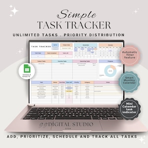 May include: A pink laptop displays a task tracker template with the text "Simple Task Tracker." The screen shows a calendar, task lists, and progress charts. Features include an automatic filter and smart monthly calendar. The text "Add, Prioritize, Schedule and Track All Tasks" is at the bottom.