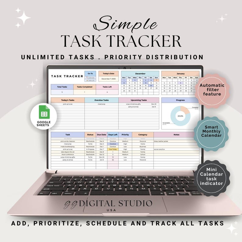 May include: A pink laptop displays a task tracker template with the text "Simple Task Tracker." The screen shows a calendar, task lists, and progress charts. Features include an automatic filter and smart monthly calendar. The text "Add, Prioritize, Schedule and Track All Tasks" is at the bottom.