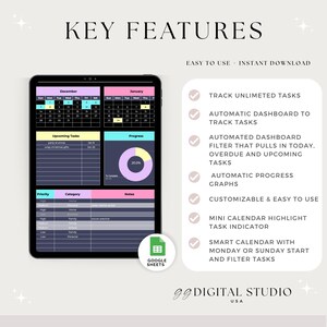 Może przedstawiać: Cyfrowy planer na tablecie, prezentujący kalendarz, listy zadań i wykresy postęp&oacute;w. Tekst zawiera "Key Features", "Easy to Use" i "Instant Download". Planer jest przeznaczony dla Arkuszy Google.